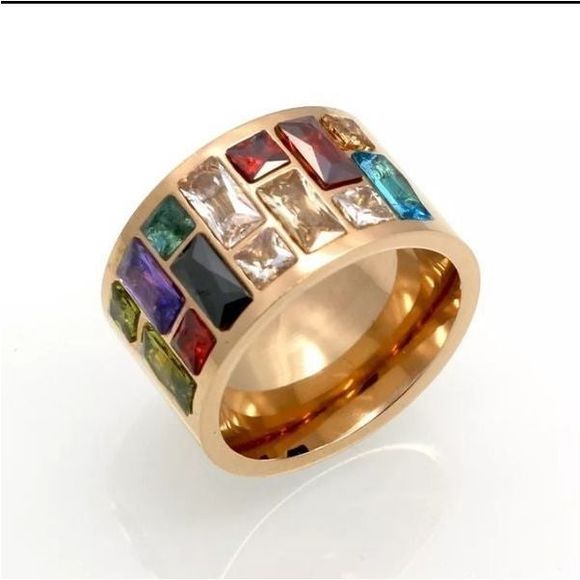 Gold solid titanium multi color Swarovski crystal boho ring sz 9 new - Picture 7 of 9